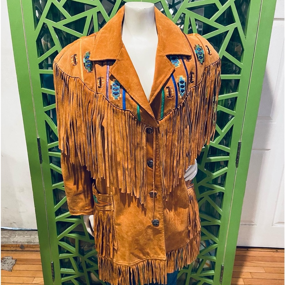 Lew Magram Vintage Suede Leather Fringe & Beaded Jacket w/ Indian Head Buttons